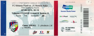 vstupenka - předkolo Ligy mistrů - FC Viktoria Plzeň - Nõmme Kalju FC 6:2 - 07.08.2013 - Doosan Aréna, Plzeň, Czech Republic