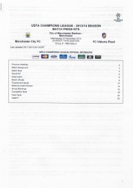 presskit - skupina Ligy mistrů - Manchester City FC - FC Viktoria Plzeň 4:2 - 27.11.2013 - City of Manchester Stadium, Manchester, UK