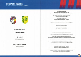 menu (dinner menu) - předkolo Evropské ligy - FC Viktoria Plzeň - AEK Larnaca FC 3:1 - 17.08.2017 - Doosan Aréna, Plzeň, Czech Republic