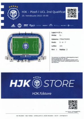 vstupenka - předkolo Ligy mistrů - HJK - FC Viktoria Plzeň 1:2 - 20.07.2022 - Bolt Arena, Helsinki, Finland