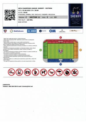 vstupenka - předkolo Ligy mistrů - FC Sheriff Tiraspol - FC Viktoria Plzeň 1:2 - 02.08.2022 - Stadionul Zimbru, Chișinău, Moldova