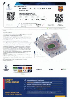 vstupenka - skupina Ligy mistrů - FC Barcelona - FC Viktoria Plzeň 5:1 - 07.09.2022 - Camp Nou, Barcelona, Spain
