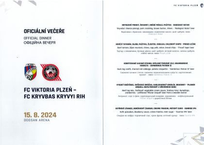 menu (dinner menu) - předkolo Evropské ligy - FC Viktoria Plzeň - FC Kryvbas 1:0 - 15.08.2024 - Doosan Aréna, Plzeň, Czech Republic