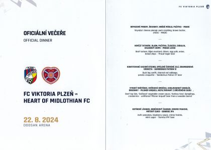 menu (dinner menu) - předkolo Evropské ligy - FC Viktoria Plzeň - Heart of Midlothian F.C. 1:0 - 22.08.2024 - Doosan Aréna, Plzeň, Czech Republic