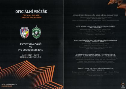 menu (dinner menu) - skupina Evropské ligy - FC Viktoria Plzeň - PFK Ludogorets Razgrad 0:0 - 03.10.2024 - Doosan Aréna, Plzeň, Czech Republic
