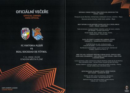 menu (dinner menu) - skupina Evropské ligy - FC Viktoria Plzeň - Real Sociedad 2:1 - 07.11.2024 - Doosan Aréna, Plzeň, Czech Republic