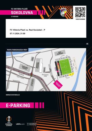 parkovací karta - skupina Evropské ligy - FC Viktoria Plzeň - Real Sociedad 2:1 - 07.11.2024 - Doosan Aréna, Plzeň, Czech Republic