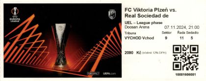 vstupenka - skupina Evropské ligy - FC Viktoria Plzeň - Real Sociedad 2:1 - 07.11.2024 - Doosan Aréna, Plzeň, Czech Republic
