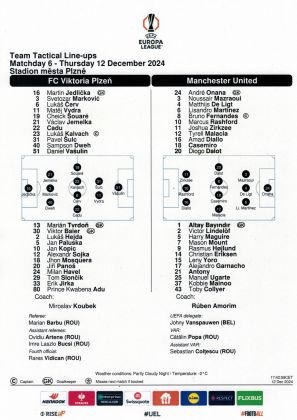 sestavy - skupina Evropské ligy - FC Viktoria Plzeň - Manchester United FC 1:2 - 12.12.2024 - Doosan Aréna, Plzeň, Czech Republic