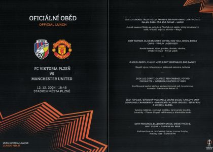 menu (lunch menu) - skupina Evropské ligy - FC Viktoria Plzeň - Manchester United FC 1:2 - 12.12.2024 - Doosan Aréna, Plzeň, Czech Republic