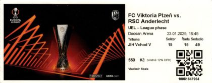vstupenka - skupina Evropské ligy - FC Viktoria Plzeň - RSC Anderlecht 2:0 - 23.01.2025 - Doosan Aréna, Plzeň, Czech Republic
