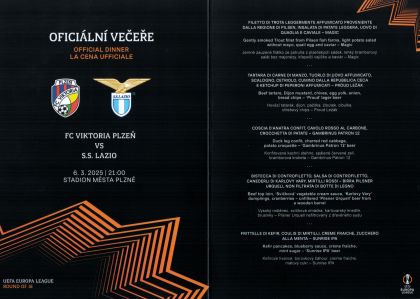 menu (dinner menu) - play-off Evropské ligy - FC Viktoria Plzeň - SS Lazio 1:2 - 06.03.2025 - Doosan Aréna, Plzeň, Czech Republic