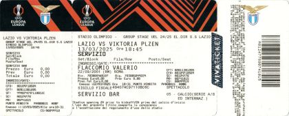 vstupenka - play-off Evropské ligy - SS Lazio - FC Viktoria Plzeň 1:1 - 13.03.2025 - Stadio Olimpico, Rome, Italy